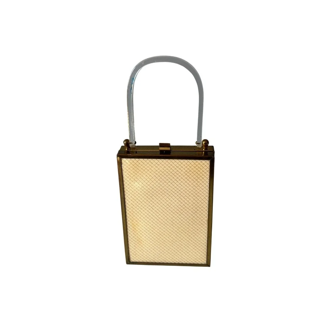Vintage Mid Century Gold Lattice Box Clutch Clear Lucite Handle Evening Bag